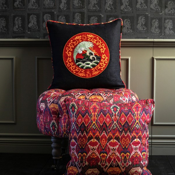 ASIAN CRANE Linen Embroidered Cushion