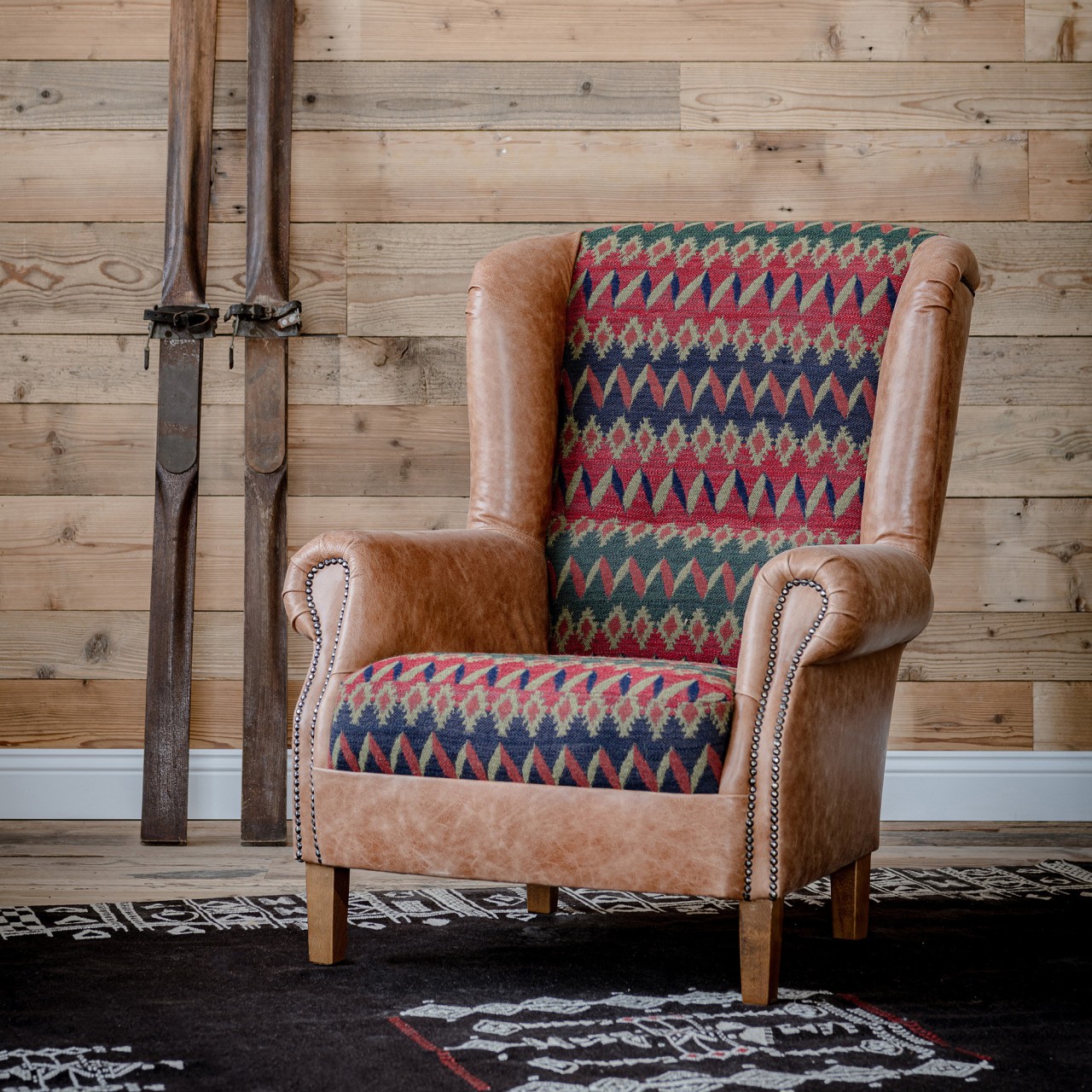 BRYANT WING CHAIR - CORTINA fabric and CAMBRIDGE HAZELNUT leather