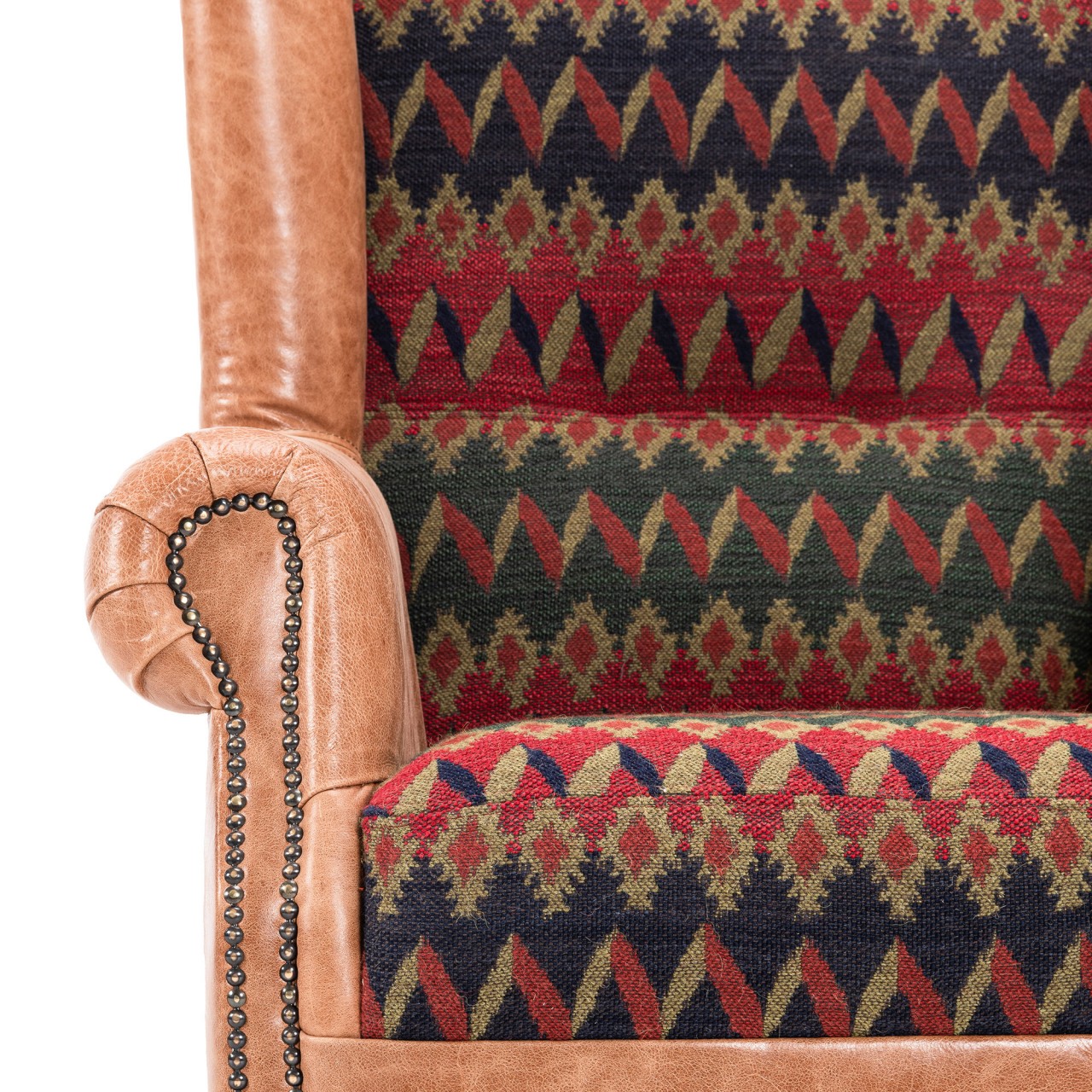 BRYANT WING CHAIR - CORTINA fabric and CAMBRIDGE HAZELNUT leather