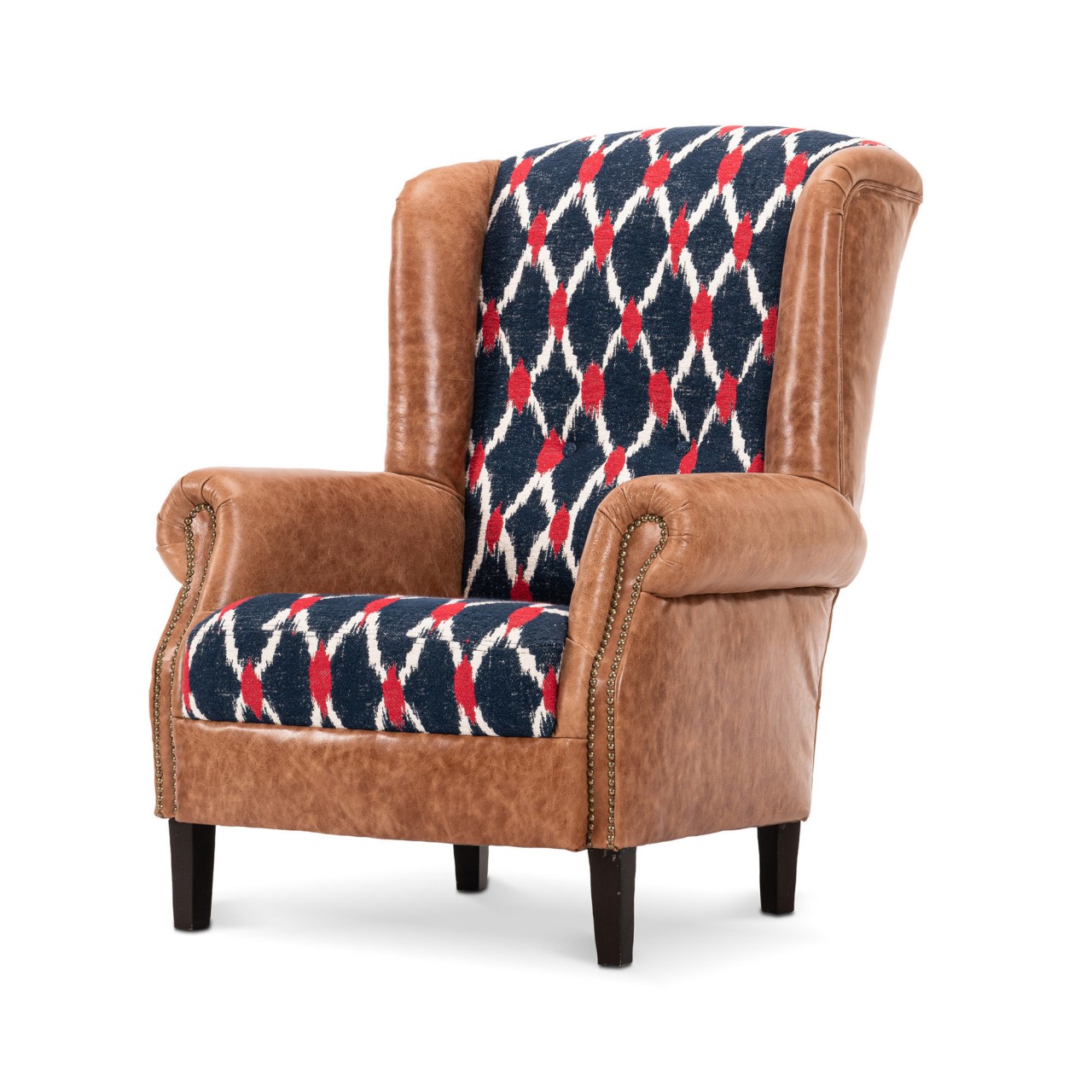BRYANT WING CHAIR - SEEBENSEE fabric and CAMBRIDGE HAZELNUT leather