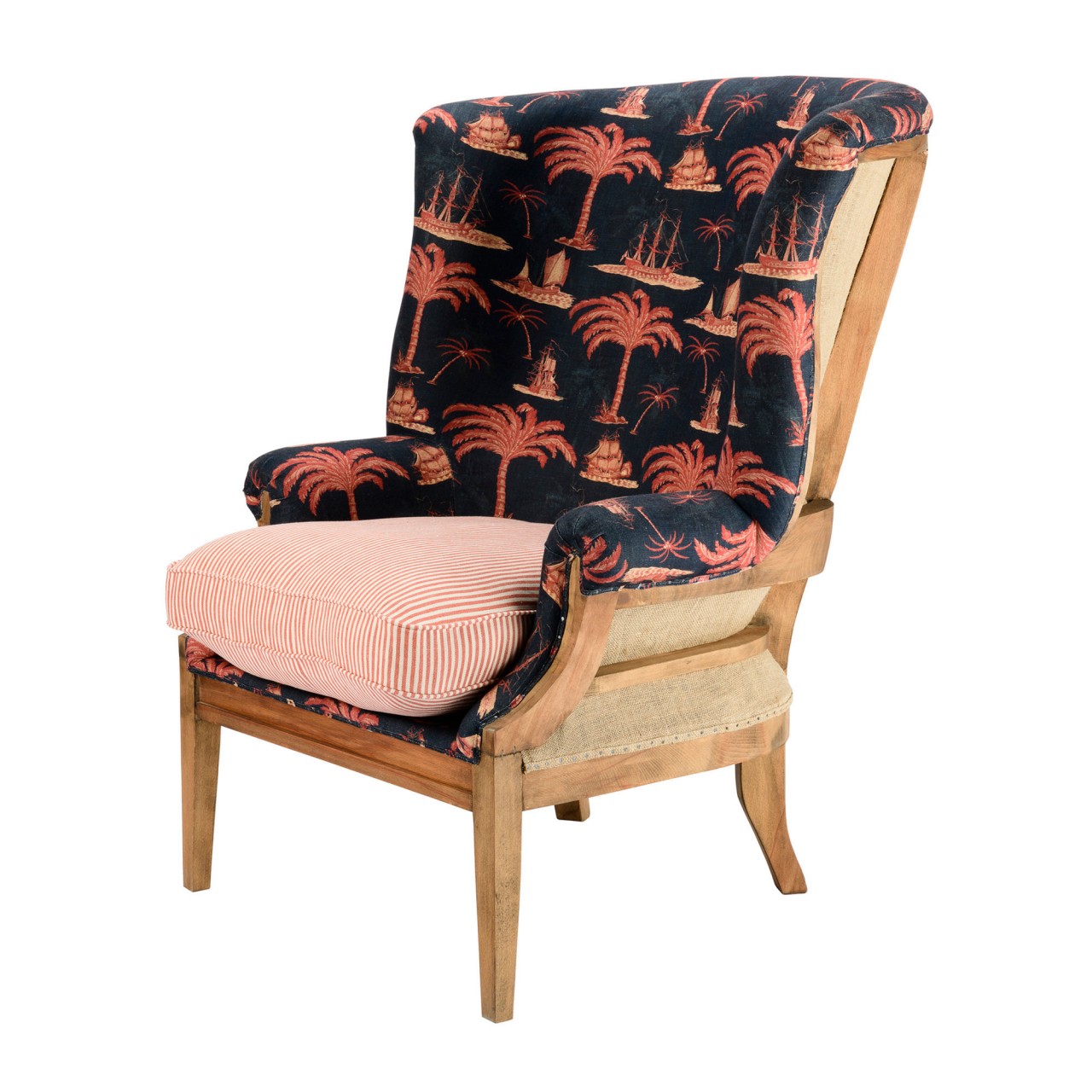 WILLIAM DECONSTRUCTED WING CHAIR - AEGEAN Indigo Fabric and RHUBARB STRIPE Linen