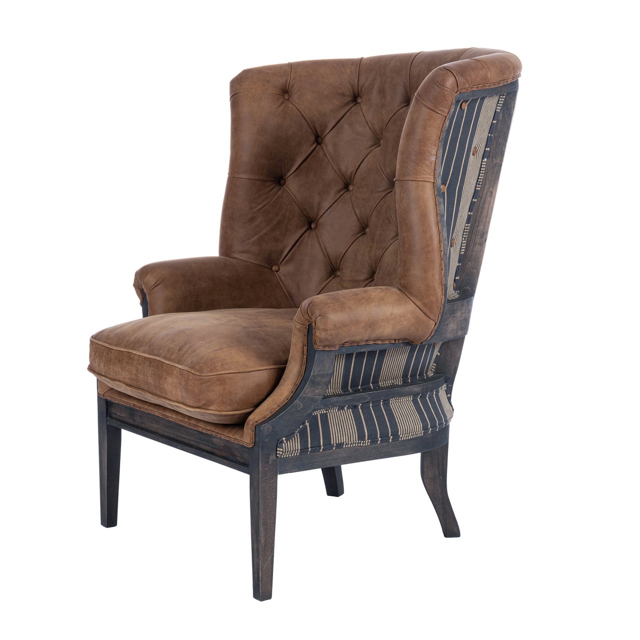 WILLIAM DECONSTRUCTED WING CHAIR (Leather) - NEWPORT STRIPES Heavy Linen Fabric